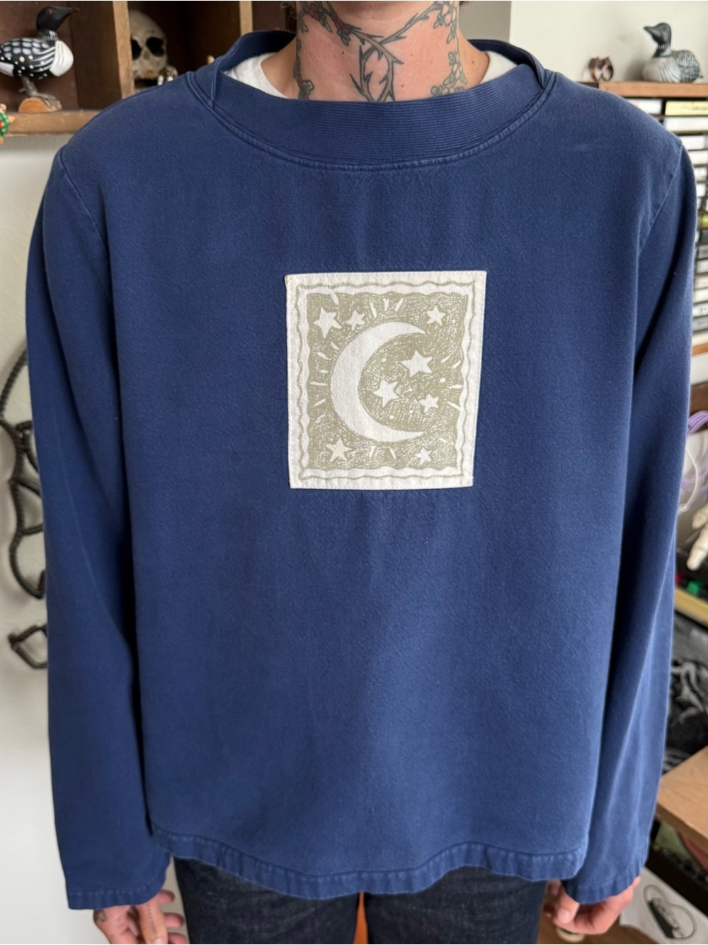 Vintage 90s Navy Blue Moon and Stars Long Sleeve Shirt ~ Size XL